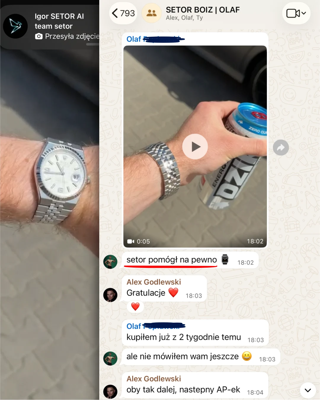 Zrzut rozmowy: klient pokazuje kupiony zegarek i pisze, że Setor pomógł na pewno.