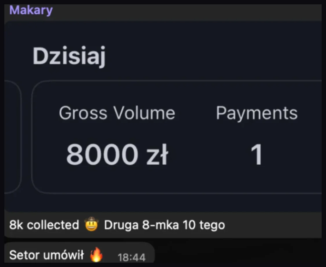 Zrzut płatności na 8 000 zł oraz rozmowy dotyczącej wyniku.