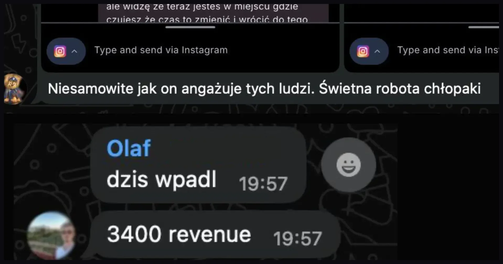 Zrzut rozmowy z informacją o przychodzie 3 400 zł.