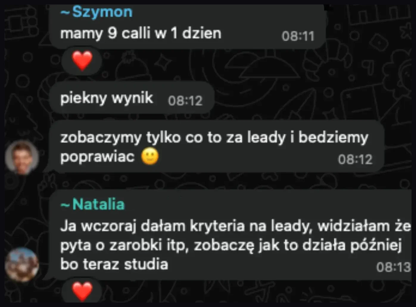 Zrzut rozmowy z informacją o dziewięciu umówionych rozmowach w jeden dzień.
