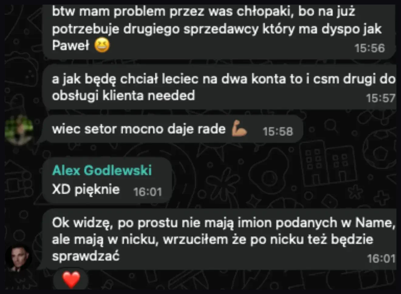 Zrzut rozmowy o potrzebie zwiększenia zespołu sprzedażowego.