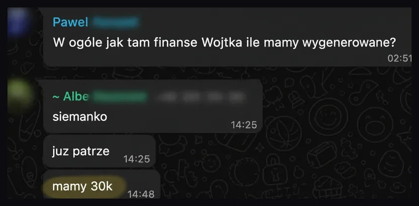Zrzut rozmowy z odpowiedzią o wyniku 30 000 zł.
