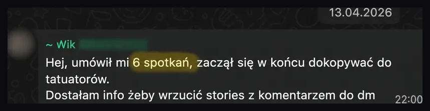 Zrzut rozmowy z informacją o sześciu umówionych spotkaniach.