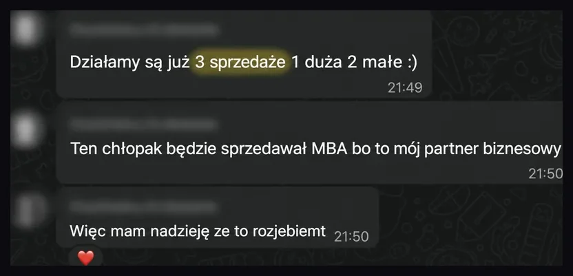 Zrzut rozmowy z informacją o trzech sprzedażach.