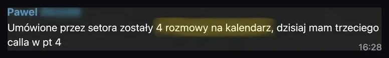 Zrzut rozmowy z informacją o czterech rozmowach umówionych przez Setora.