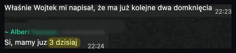 Zrzut rozmowy z informacją o trzech sprzedażach tego dnia.