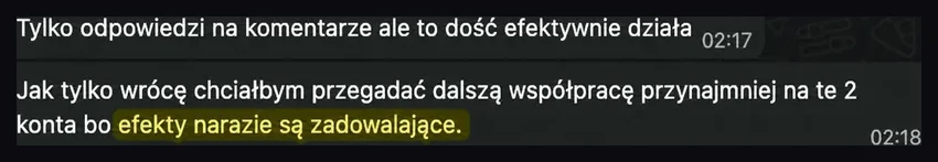 Zrzut rozmowy z pozytywną oceną efektów i pytaniem o dalszą współpracę.