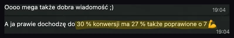 Zrzut rozmowy z informacją o konwersji 27% i poprawie o 7 punktów procentowych.