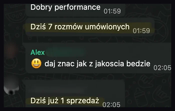 Zrzut rozmowy z informacją o siedmiu umówionych rozmowach i jednej sprzedaży tego dnia.