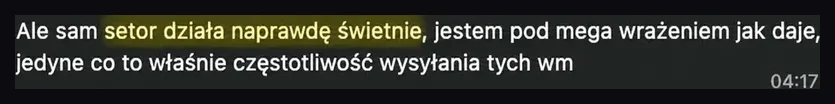 Zrzut opinii klienta o działaniu Setora i częstotliwości wysyłki.